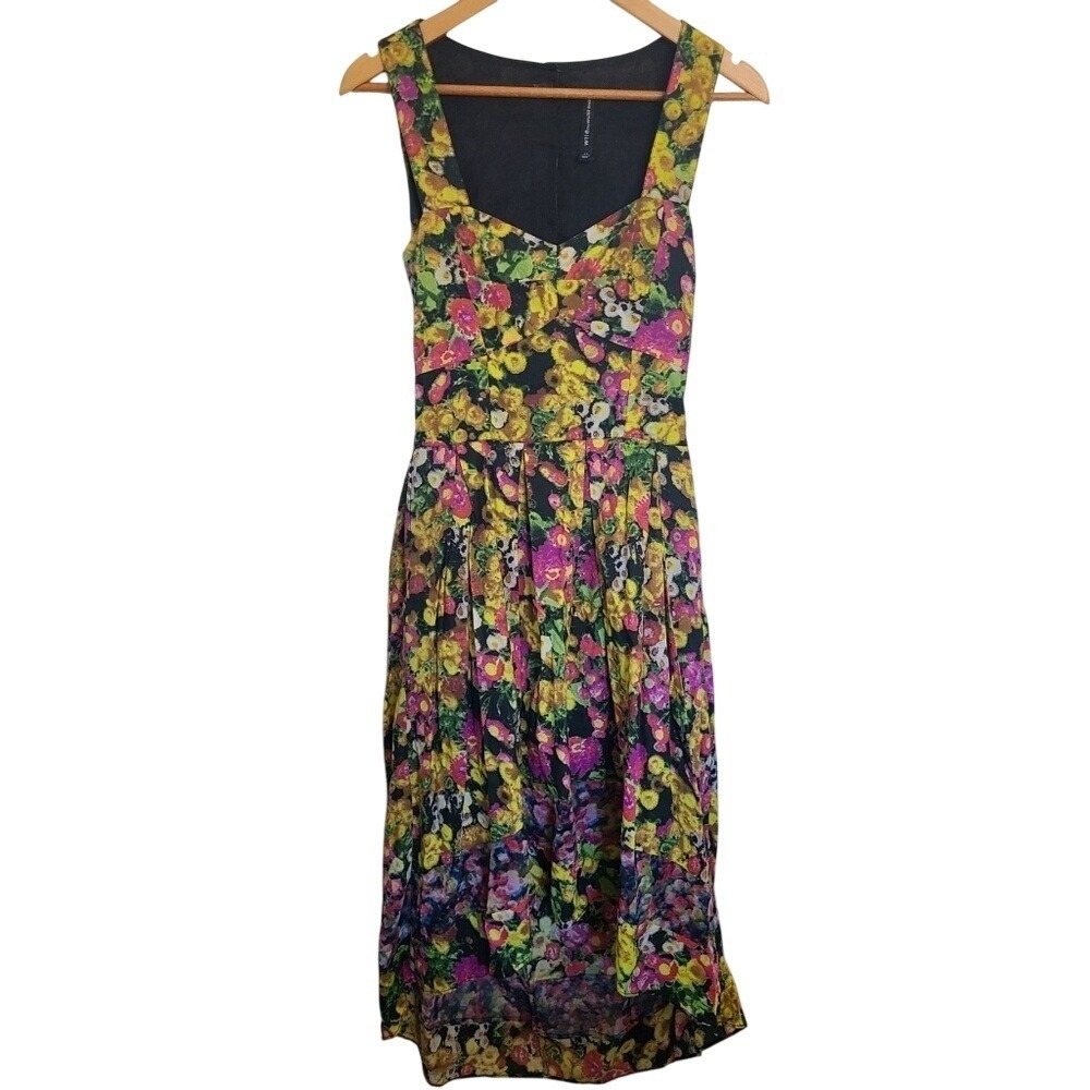 W118 Walter Baker Dark Yellow Pink Floral High-Low‎ Hem Dress Back Cutout XS